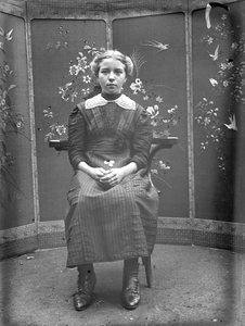 853692 Portret van een onbekend meisje tegen de achtergrond van een Chinees kamerscherm.